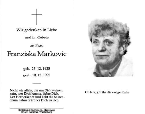 Sterbebildchen Franziska Markovic, *23.12.1925 †10.12.1992