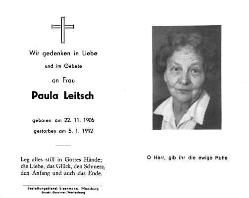 Sterbebildchen Paula Leitsch, *22.11.1906 †05.01.1992
