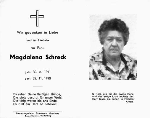 Sterbebildchen Magdalena Schreck, *30.06.1911 †29.11.1990