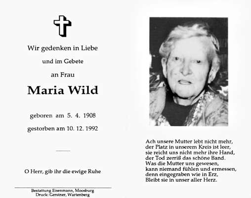 Sterbebildchen Maria Wild, *05.04.1908 †10.12.1992