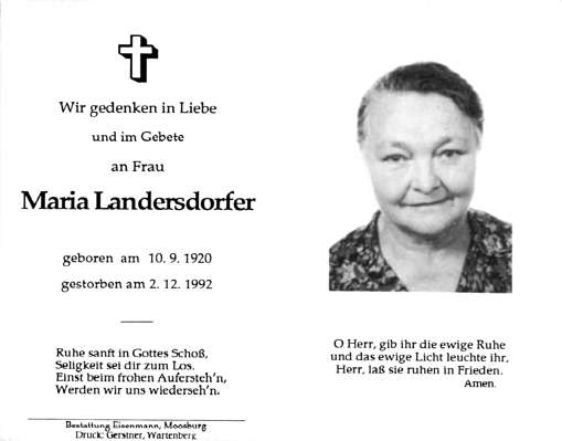 Sterbebildchen Maria Landersdorfer, *10.09.1920 †02.12.1992