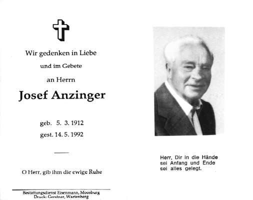 Sterbebildchen Josef Anzinger, *05.03.1912 †14.05.1992