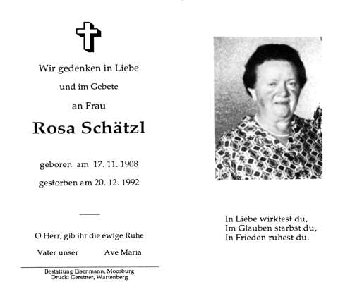 Sterbebildchen Rosa Schtzl, *17.11.1908 †20.12.1992