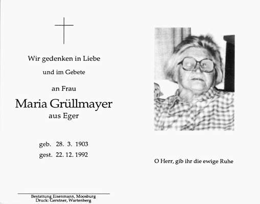 Sterbebildchen Maria Grllmayer, *28.03.1903 †22.12.1992