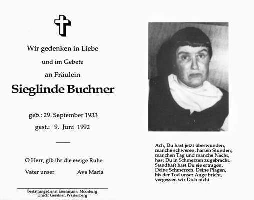 Sterbebildchen Frl. Sieglinde Buchner, *29.09.1933 †09.06.1992