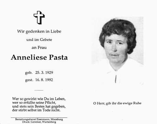 Sterbebildchen Anneliese Pasta, *25.03.1929 †16.08.1992