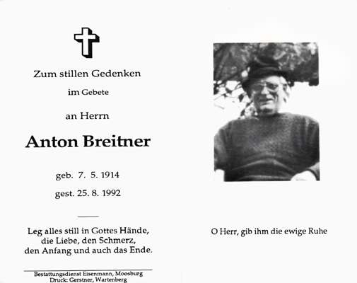 Sterbebildchen Anton Breitner, *07.05.1914 †25.08.1992