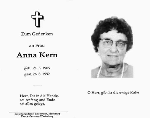 Sterbebildchen Anna Kern, *21.05.1905 †26.08.1992