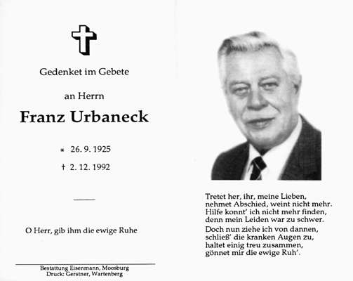 Sterbebildchen Franz Urbaneck, *26.09.1925 †02.12.1992