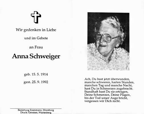 Sterbebildchen Anna Schweiger, *15.05.1914 †25.09.1992