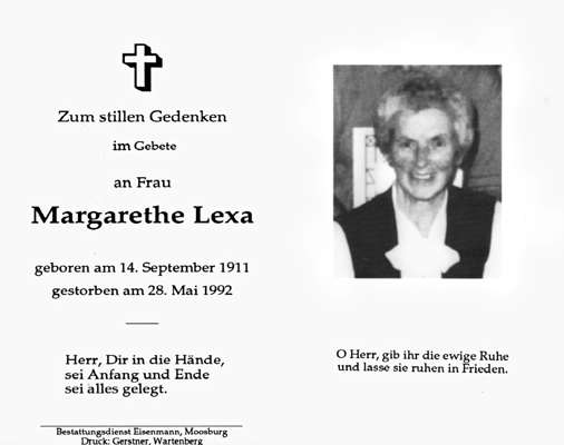 Sterbebildchen Margarethe Lexa, *11.09.1911 †28.05.1992