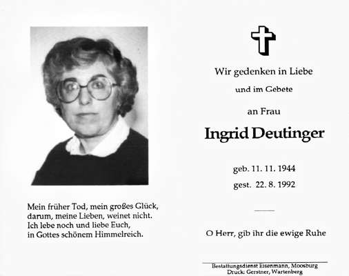 Sterbebildchen Ingrid Deutinger, *11.11.1944 †22.08.1992