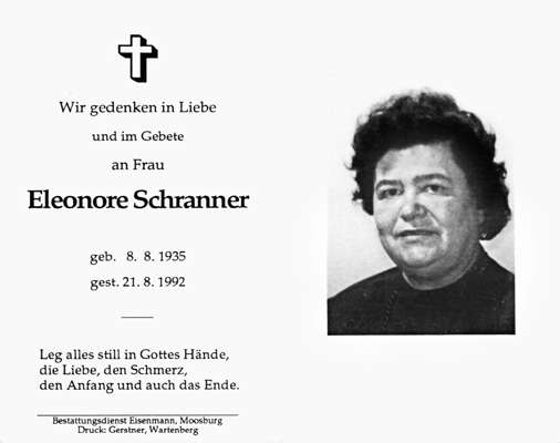 Sterbebildchen Eleonore Schranner, *08.08.1935 †21.08.1992