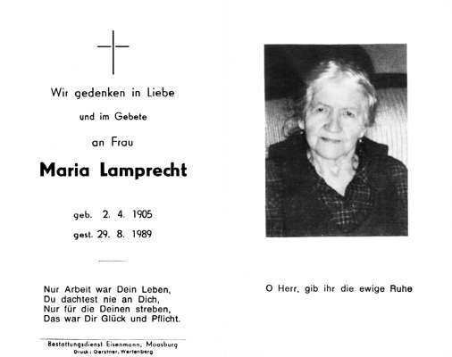 Sterbebildchen Maria Lamprecht, *02.04.1905 †29.08.1989