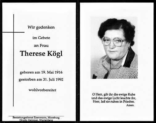 Sterbebildchen Therese Kgl, *19.05.1916 †31.07.1992