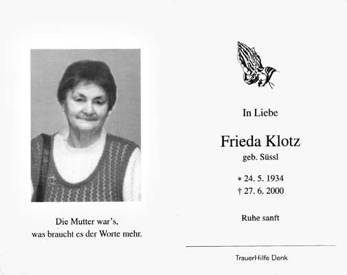 Sterbebildchen Frieda Klotz, *24.05.1934 †27.06.2000