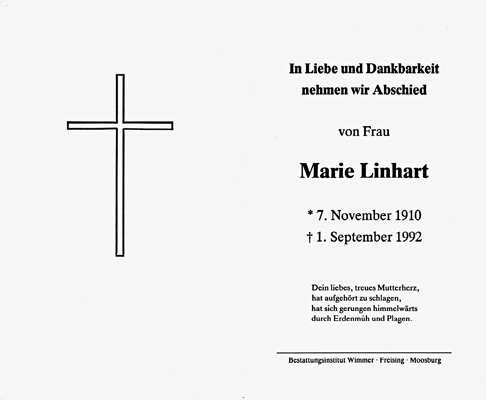 Sterbebildchen Marie Linhart, *07.11.1910 †01.09.1992