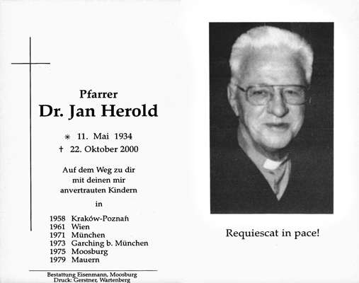 Sterbebildchen Pfarrer Dr. Jan Herold, *11.05.1934 †22.10.2000
