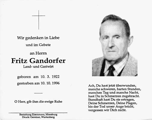 Sterbebildchen Fritz Gandorfer, *10.03.1922 †10.10.1996