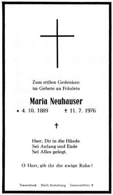 Sterbebildchen Maria Neuhauser, *04.10.1889 †11.07.1976