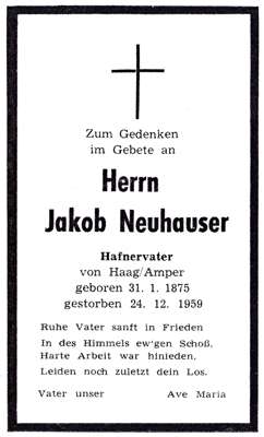 Sterbebildchen Jakob  Neuhauser, *31.01.1875 †24.12.1959