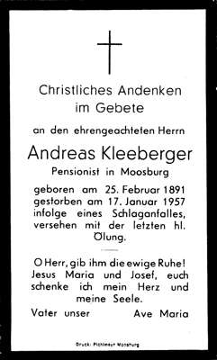Sterbebildchen Andreas Kleeberger, *25.02.1891 †17.01.1957