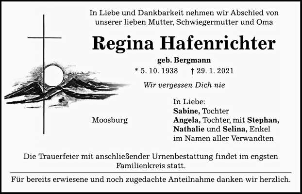 Todesanzeige Regina Hafenrichter *05.10.1938 †29.01.2021