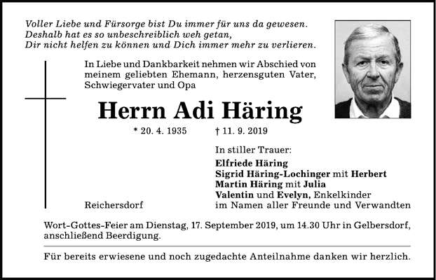 Todesanzeige Adi Hring *20.04.1935 †11.09.2019