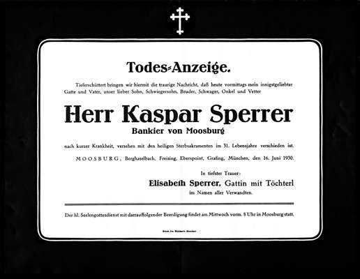 Todesanzeige Kaspar Sperrer, *02.01.1899 †16.06.1930