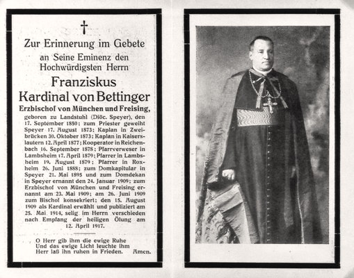 Sterbebild Franziskus Kardinal von Bettinger