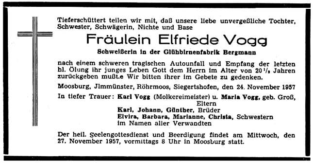 Todesanzeige Elfriede Vogg, *1937 †24.11.1957