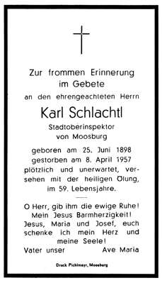 Sterbebildchen Karl Schlachtl, *25.06.1898 †08.04.1957