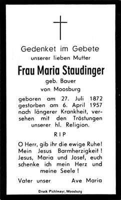 Sterbebildchen Maria Staudinger, *27.07.1872 †06.04.1957