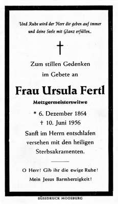 Sterbebildchen Ursula Fertl, *06.12.1864 †10.06.1956