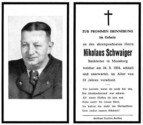 Sterbebildchen Nikolaus Schwaiger, *1901 †24.09.1954