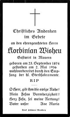 Sterbebildchen Korbinian Wisheu, *23.09.1874 †02.05.1956