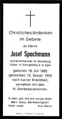 Sterbebildchen Josef Spachmann, *18.07.1885 †12.01.1959