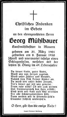 Sterbebildchen Georg Mhlbauer, *31.03.1901 †08.01.1950
