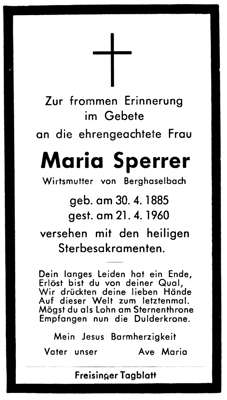 Sterbebildchen Maria Sperrer, *30.04.1885 †21.04.1960