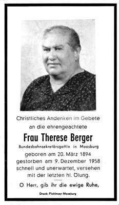 Sterbebildchen Therese Berger, *20.03.1894 †09.12.1958