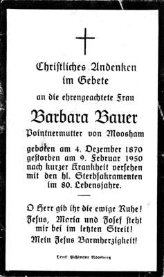Sterbebildchen Barbara Bauer, *04.12.1870 †09.02.1950
