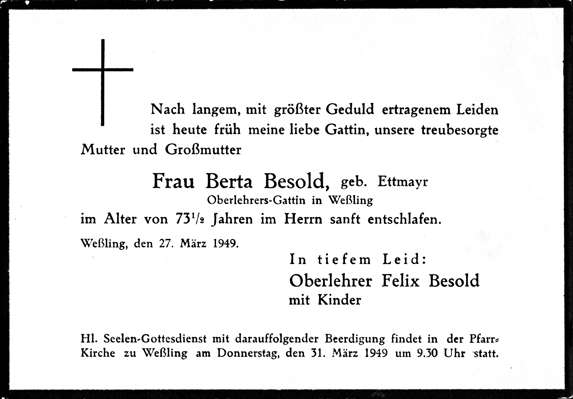 Todesanzeige Berta Besold, *1845 †27.03.1949