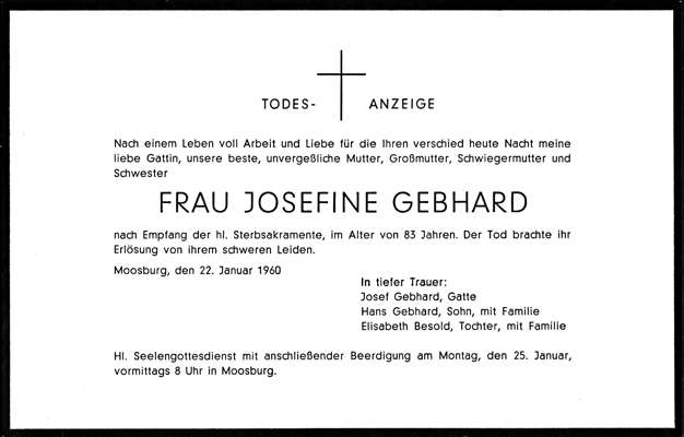 Todesanzeige Josefine Gebhard, *1877 †22.01.1960