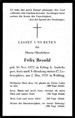 Sterbebildchen Felix Besold, *30.11.1872 †02.12.1959