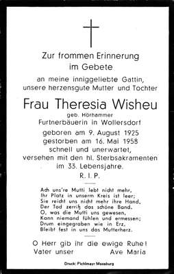 Sterbebildchen Theresia Wisheu, *09.08.1925 †16.05.1958