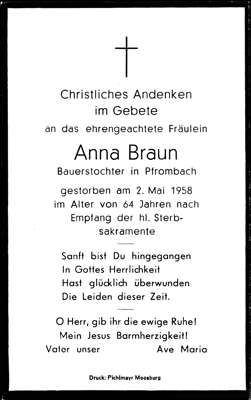 Sterbebildchen Anna Braun, *1894 †02.05.1958