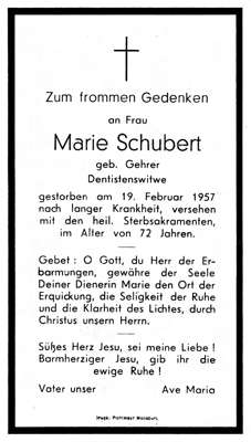 Sterbebildchen Marie Schubert, *1885 †19.02.1957