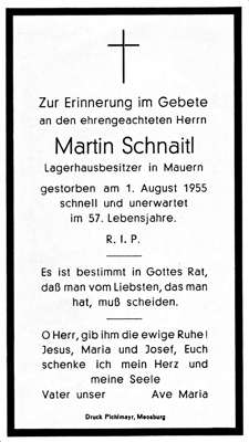 Sterbebildchen Martin Schnaitl, *1898 †01.08.1955