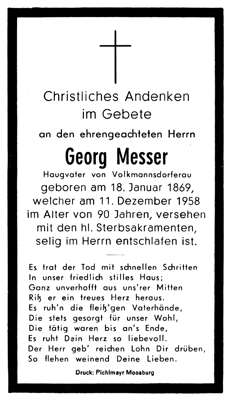 Sterbebildchen Georg Messer, *18.01.1869 †11.12.1958