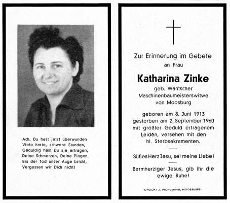 Sterbebildchen Katharina Zinke, *08.06.1913 †02.09.1960